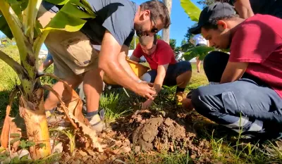 naturAction-nc-01 Group of volunteers crouching around a young sapling, digging soil to plant it outdoors in bright sunlight.